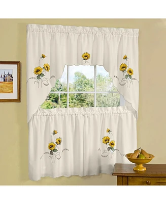 Kate Aurora 3 Piece Light Beige Country Farmhouse Sunflowers Kitchen Curtain Tier And Valance Set - 58 in. W x 24 in. L