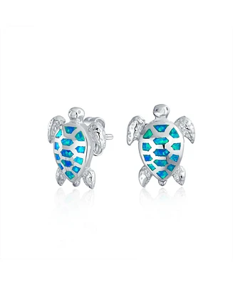 Bling Jewelry Nautical Beach Vacation Iridescent Created Opal Inlay Sea Tortoise Turtle Stud Earrings Sterling Silver 13MM