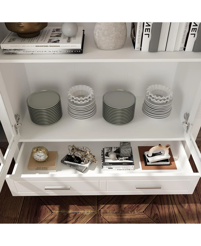 Famapy White Storage Cabinet Bookcase with Tempered Glass Doors,-Drawer