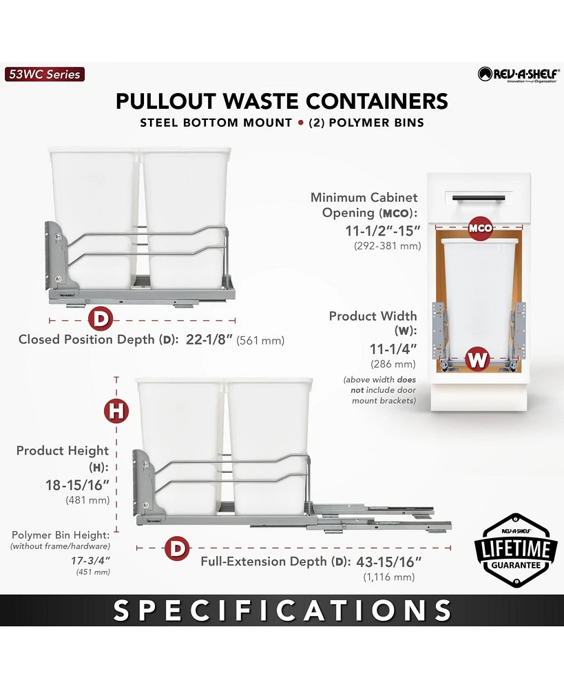Rev-a-Shelf Double Pullout Trash Can 27 qt. with Soft-close, 53WC-1527SCDM-217