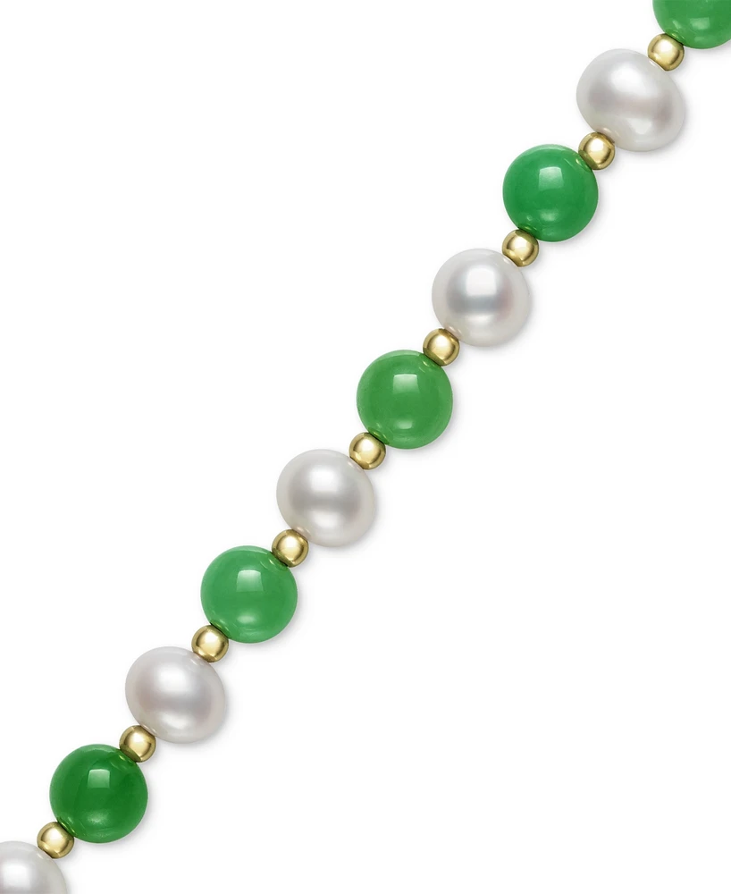Dyed Green Jade & Freshwater Pearl (7-1/2 - 8-1/2mm) Beaded Bracelet in 10k Gold
