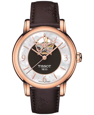 Tissot Swiss Automatic Lady Heart Powermatic 80 Diamond Accents Brown Leather Strap Watch 35mm