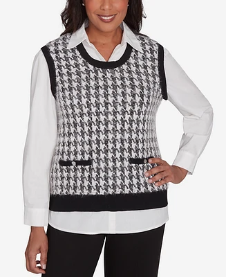 Alfred Dunner Petite Runway Ready Collared Houndstooth Vest Two in One Sweater