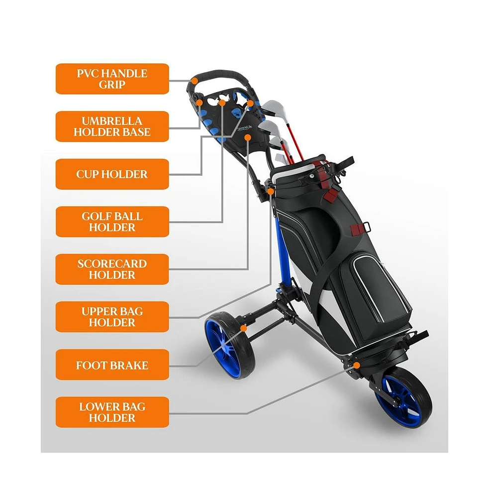 SereneLife Flat Fold 3-Wheel Golf Push Cart with Deluxe Scorecard and Umbrella Holder