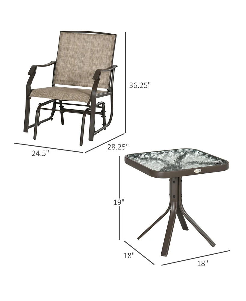 3 Piece Outdoor Glider Chair with Coffee Table Bistro Set, 2 Patio Rocking Swing Chairs with Breathable Sling Fabric, Glass Tabletop, for Backyard, Ga