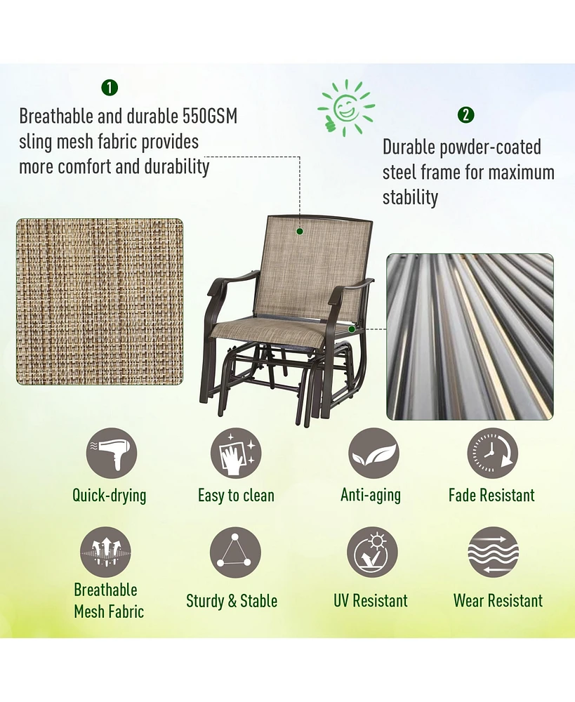 3 Piece Outdoor Glider Chair with Coffee Table Bistro Set, 2 Patio Rocking Swing Chairs with Breathable Sling Fabric, Glass Tabletop, for Backyard, Ga