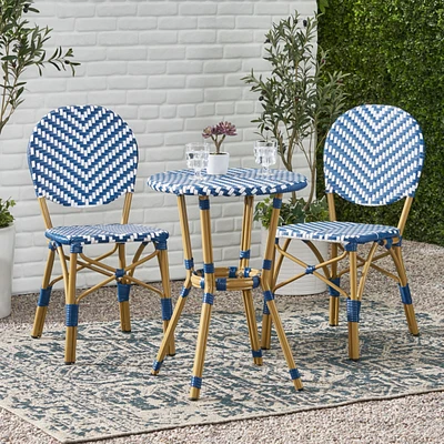 Outdoor Aluminum 3 Piece French Bistro Set, Navy Blue, White, With Bamboo Finish