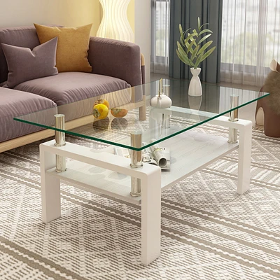 Rectangle Coffee Table, Tempered Glass Tabletop with Mdf Layer, Modern Table for Living Room, Transparent Glass