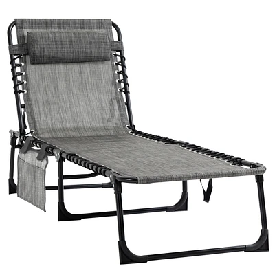 Reclining Chaise Lounge Chair, Portable Sun Lounger, Folding Camping Cot, with Adjustable Backrest and Removable Pillow, for Patio, Garden, Beach, Gre