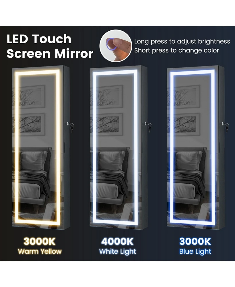 Sugift 42.5 Inches Lockable Jewelry Mirror Wall Cabinet with 3-Color Led Lights