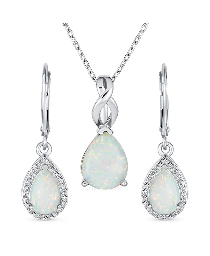 Bling Jewelry Cz Halo Solitaire White Opal Teardrop Pendant & Earrings Jewelry Set