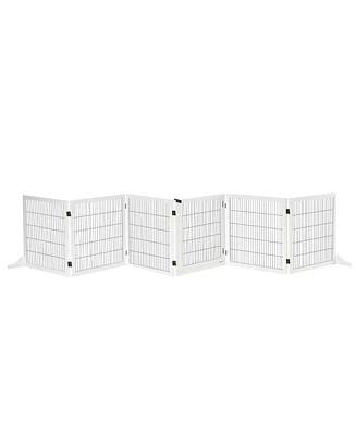 Wooden Dog Gate, 170" Freestanding Pet Gate, 6-Panel Foldable Dog Safety Barrier with 2 Support Feet for House Doorway Stairs, Small and Medium D