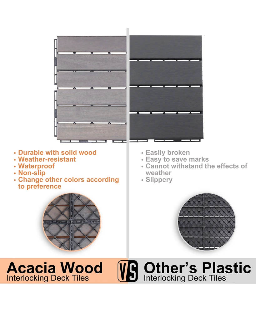 10 Pcs Interlocking Deck Tiles Striped Pattern, 12" x 12" Square Light Gray Acacia Hardwood Outdoor Flooring for Patio, Bancony, Pool Side,.