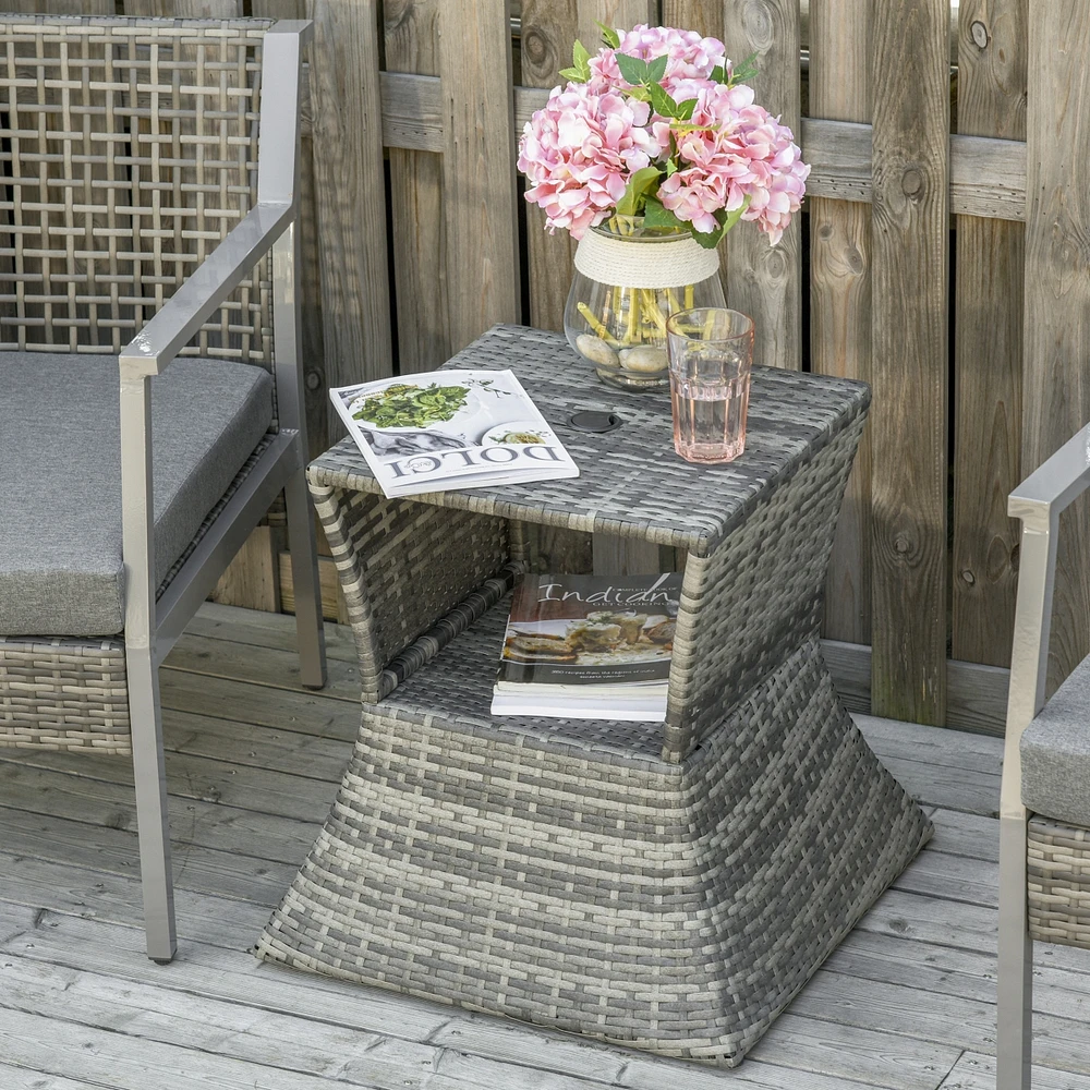 Rattan Wicker Side Table with Umbrella Hole, 2 Tier Storage Shelf for All Weather for Outdoor, Patio, Garden, Backyard, Mixed Grey