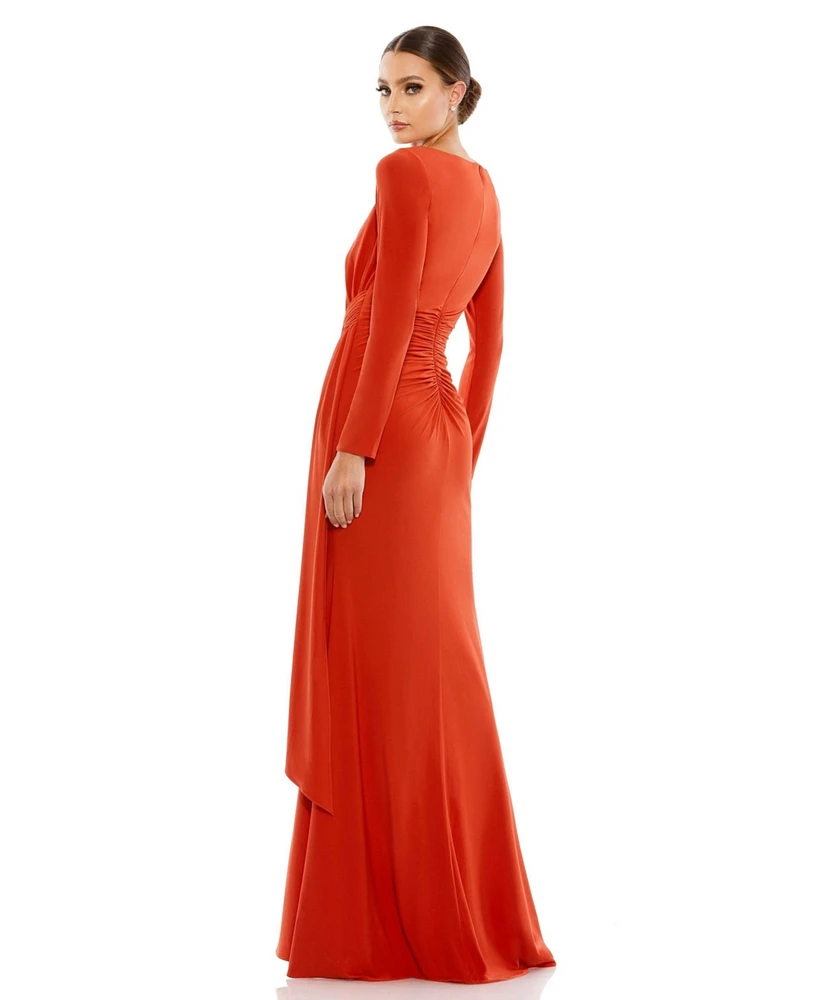 Women's Ruched Long Sleeve Boat Neck Gown