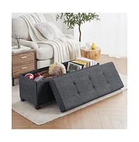 Ornavo Home Foldable Tufted 43 Inch Long Linen Bench Storage Ottoman with Legs