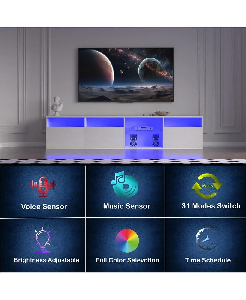Tv Console with Storage Cabinets, 82.6 Inch Long Led Tv Stand with Full Rgb Color Selection, 31 Modes Changing Lights Modern Entertainment Center with