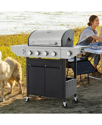 Propane Grill 4 Burner Barbecue Grill Stainless Steel Gas Grill with Side Burner, 46,500 Btu Outdoor Cooking, Patio, Garden Barbecue Grill, Black and