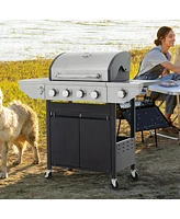 Propane Grill 4 Burner Barbecue Grill Stainless Steel Gas Grill with Side Burner, 46,500 Btu Outdoor Cooking, Patio, Garden Barbecue Grill, Black and