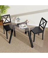 36" Round Glass Dining Table for 4 with Tempered Tabletop Rubber Wood Frame
