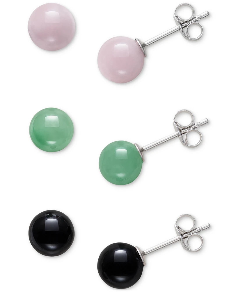 3-Pc. Set Rose Quartz, Dyed Green Jade, & Onyx Stud Earrings in Sterling Silver
