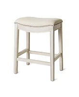 Maven Lane Adrien Saddle Counter Stool in White Oak Finish w/ Natural Fabric Upholstery
