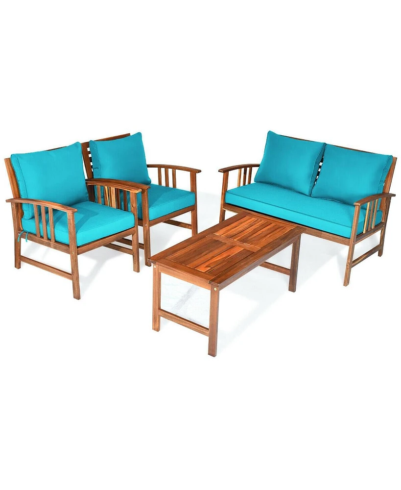Sugift 4 Pieces Wooden Patio Sofa Chair Set with Cushion