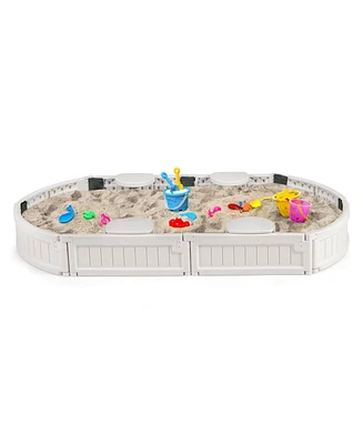 6F Wooden Sandbox with Built-in Corner Seat, Cover, Bottom Liner for Outdoor Play