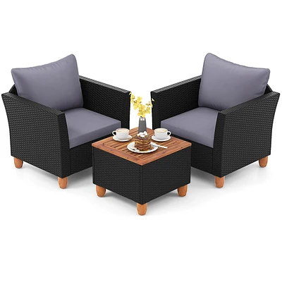Costway 3 Pcs Patio Rattan Furniture Set Cushioned Sofa Storage Table with Wood Top
