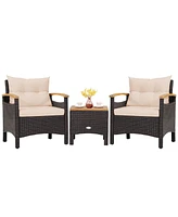 3PCS Patio Rattan Furniture Set Wooden Armrest Table Top Cushioned
