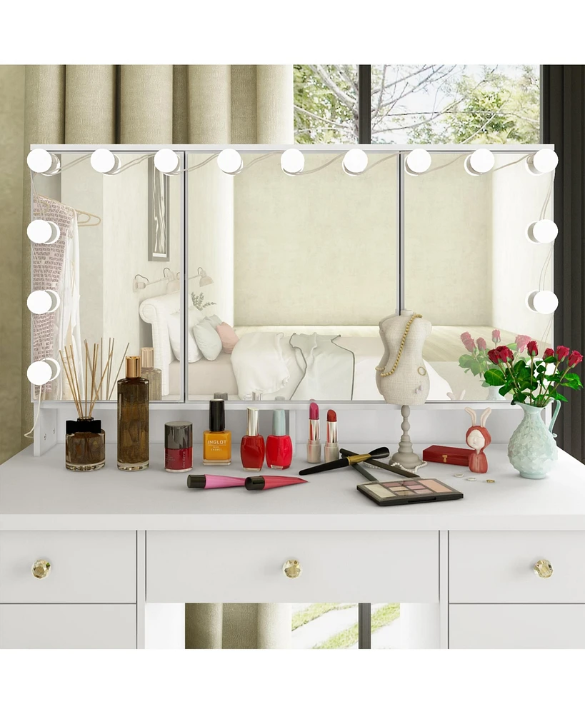 Homsee White Modern Makeup Vanity Desk 9 Drawers Wood Dressing Table With 3 Mirrors, Hidden Storage Shelves, Led Bulb Lights
