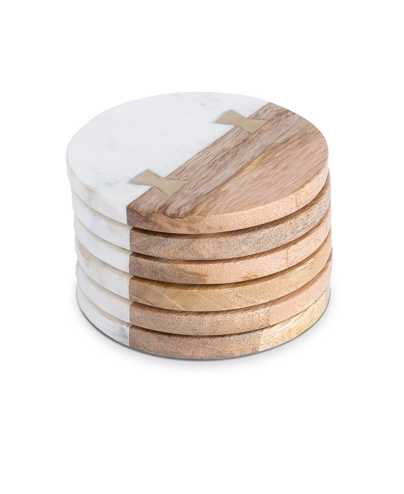 Thirstystone Uptown Round Marble and Wood Coasters with Inlay, Set of 6
