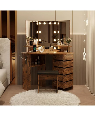gaomon Corner Makeup Vanity Desk With Lights, Power Outlet, And Rotating Drawers-3 Color Lighting, Adjustable Brightness, Shelves, Stool