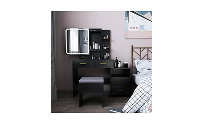 Slickblue Triamine Veneer Dressing Table Set with Mirror Cabinet 4 Drawers, 1 Storage Cabinet, 2 Shelves, and Led Three-Tone Light for a Modern Vanity