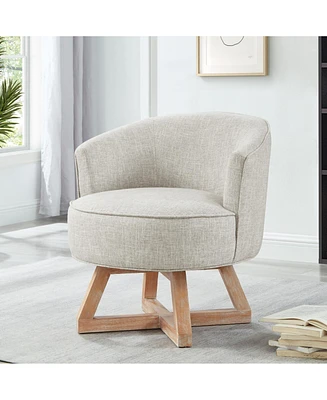 Swivel chair with cross-shaped wooden base, Lounge chair with solid wood legs, 360freely Swivel chair, Classic linen Fabric for living room, bedroom,