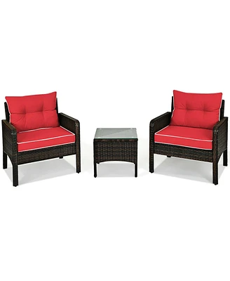 Sugift 3 Pcs Outdoor Patio Rattan Conversation Set with Seat Cushions-Red