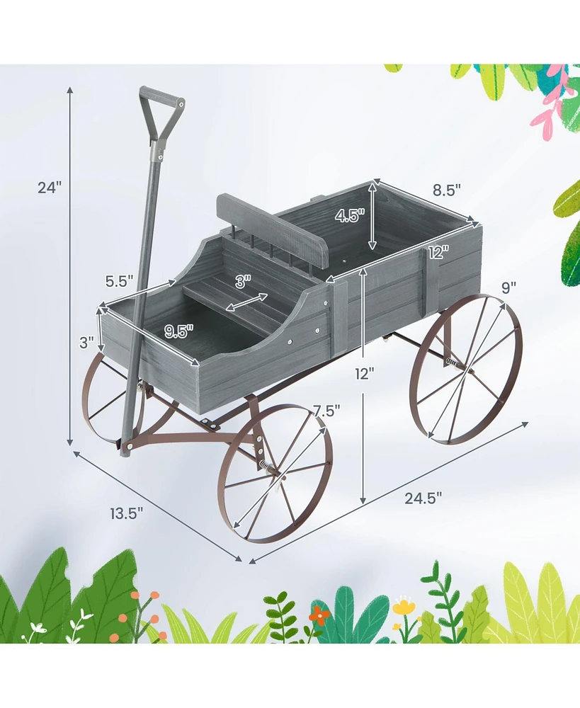 Sugift Wooden Wagon Plant Bed with Metal Wheels for Garden Yard Patio-Gray