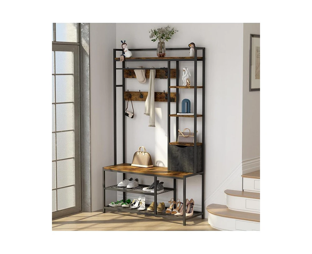 gaomon 5-in-1 Coat Rack, Hall Tree with Bench and Shoe Storage, Freestanding Entryway Bench with 5-Tier Open Shelves, Fabric Storage Basket and 12 Hoo