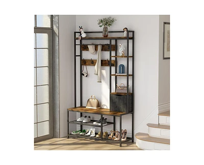 gaomon 5-in-1 Coat Rack, Hall Tree with Bench and Shoe Storage, Freestanding Entryway Bench with 5-Tier Open Shelves, Fabric Storage Basket and 12 Hoo