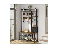 gaomon 5-in-1 Coat Rack, Hall Tree with Bench and Shoe Storage, Freestanding Entryway Bench with 5-Tier Open Shelves, Fabric Storage Basket and 12 Hoo