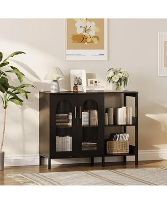 gaomon Buffet Sideboard Cabinet, Wooden Storage Cabinet with Glass Doors, Two Metal Handle
