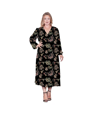 Standards & Practices Plus Floral-Print Long Sleeve Maxi Wrap Dress