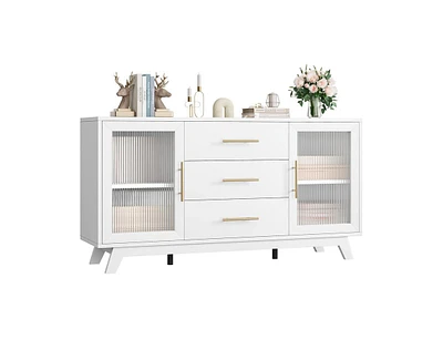 gaomon Coffer Bar Cabinet with 2 Fluted Glass Doors, 56" Modern Sideboard Buffet Cabinet with 3 Drawers