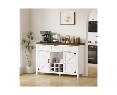 gaomon Wine Bar Cabinet, Coffee Bar Cabinet with Wine Rack & Glass Holder, Farmhouse Sideboard Buffet Cabinet with 3 Drawers & 2 Barn Doors