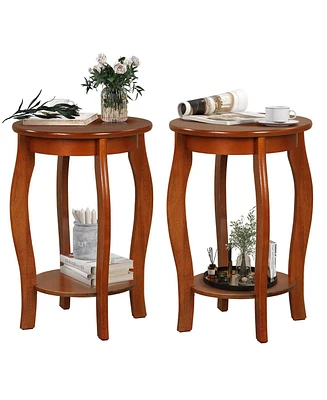 Gymax 2-Tier Round End Table Set of 2 Narrow Sofa Side Nightstand w/ Storage Shelf