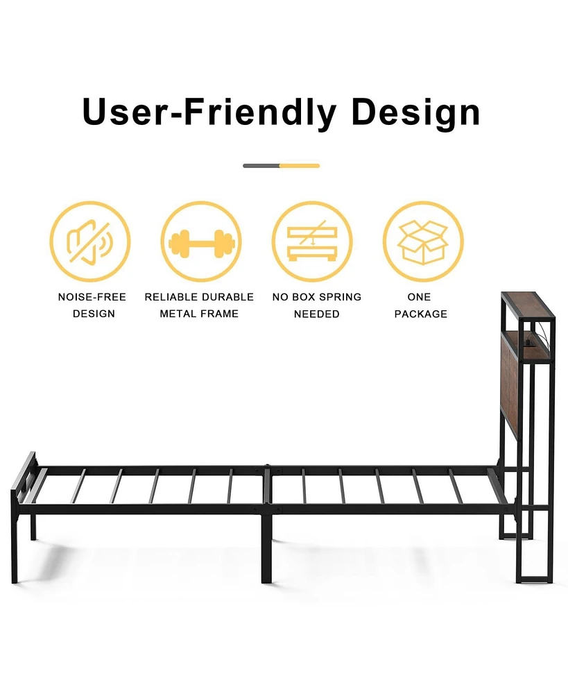 Hausource King/Twin Size Bed Frame with Storage Headboard & Charging Station No Box Spring Needed