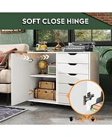 5-Drawer Wood Dresser Chest with Door, Mobile Storage Cabinet, Printer Stand for Home Office