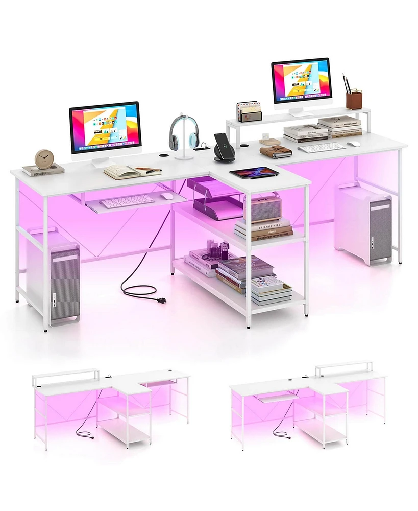Costway 94.5" Long Office Desk 2-Person Reversible Computer with Led Lights