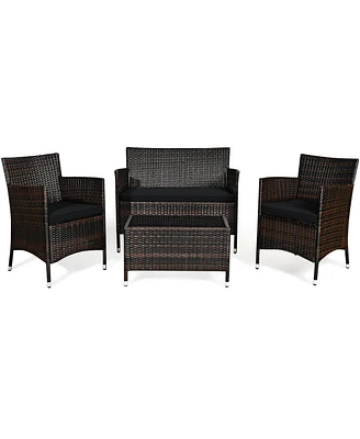Sugift 4 Pieces Rattan Sofa Set with Glass Table and Comfortable Wicker for Outdoor Patio-Black