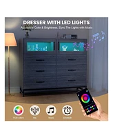 Dresser For Bedroom With Led Lights And Charging Station, 6 Drawer Double Dresser With 2 Shelves, Wide Modern Wooden Chest Of Drawers For Bedroom, Ent